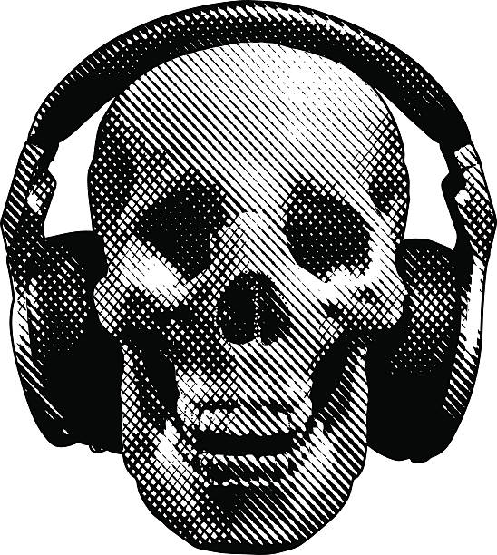 Skull and Headphones Engraving illustration of a hipster skull wearing headphones. religious celebration audio stock illustrations