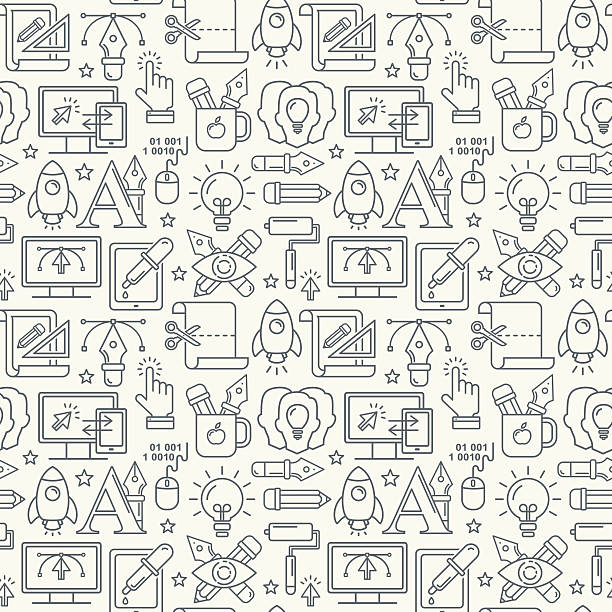 Vector graphic design seamless pattern with grey linear icons vector art illustration