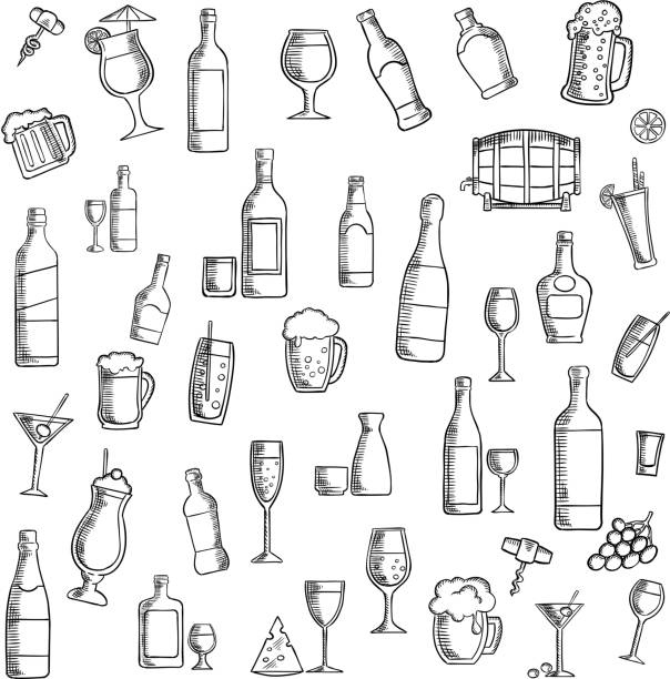 Cocktails and alcohol beverages with snacks icon Drinks sketch icon with cocktails, wine, beer, vodka, champagne, martini, whisky and sake, barrel of ale, juice, soft beverages and milk shakes with fruit and cheese snacks. Use as cocktail party or food and beverages theme design beer bottle illustrations stock illustrations