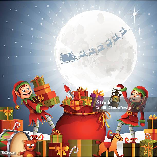 Ilustración de Elfos De Navidad y más Vectores Libres de Derechos de Elfo - Elfo, Papá Noel, Saco - Bolsa