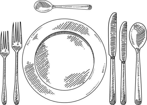 Place setting Drawing Line drawing of Place setting. Elements are grouped.contains eps10 and high resolution jpeg. eating utensil illustrations stock illustrations
