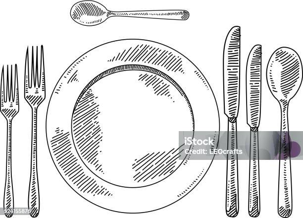 Place Setting Drawing Stock Illustration - Download Image Now - Plate, Fork, Drawing - Art Product