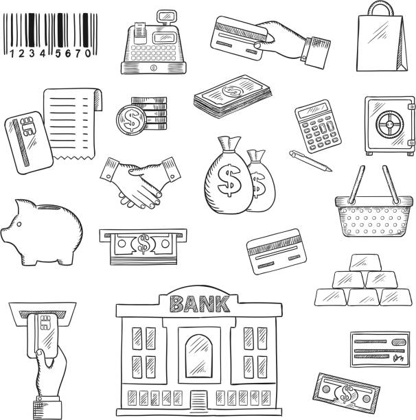 Money, banking services, shopping sketch symbols Money, banking services and shopping sketch symbols for business, finance and retail theme design with dollar bills and coins, piggy bank, credit bank cards, atm, money bags, calculator, safe, gold bars, handshake, bank, shopping basket and bag, barcode, cash register and bank check banking drawings stock illustrations
