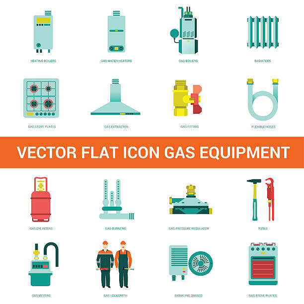 벡터 납작한 아이콘 가스 장비 - gas boiler illustrations stock illustrations