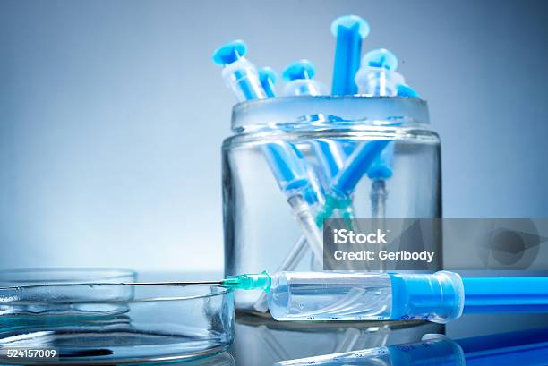 Many Injection Needle On The Table Stock Photo - Download Image Now - Antibiotic, Cut Out, Equipment