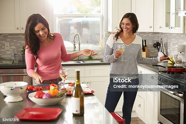 Female Gay Couple Preparing Meal Together And Drinking Wine Stock Photo - Download Image Now
