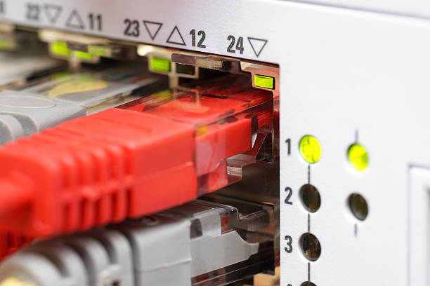 zbliżenie kabel sieciowy podłączyć przełącznik sieci, sieci koncepcja - cable network server network connection plug green zdjęcia i obrazy z banku zdjęć