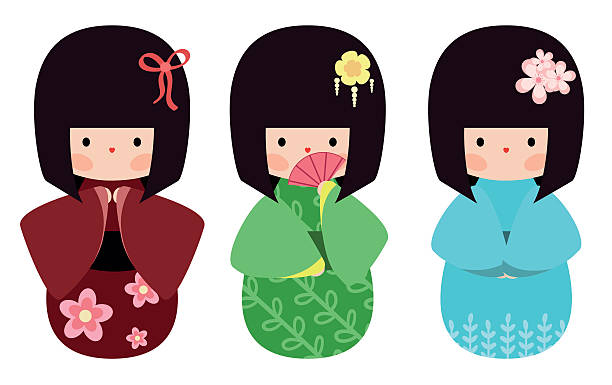 ilustraciones, imágenes clip art, dibujos animados e iconos de stock de kokeshi muñecas - chica kimono del anime