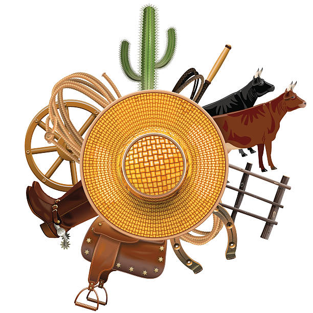 Vector Cowboy Ranch Concept with cactus, boots, wheel, cows, wooden fence, horseshoe, lasso and other accessories, around the straw hat, isolated on white background
