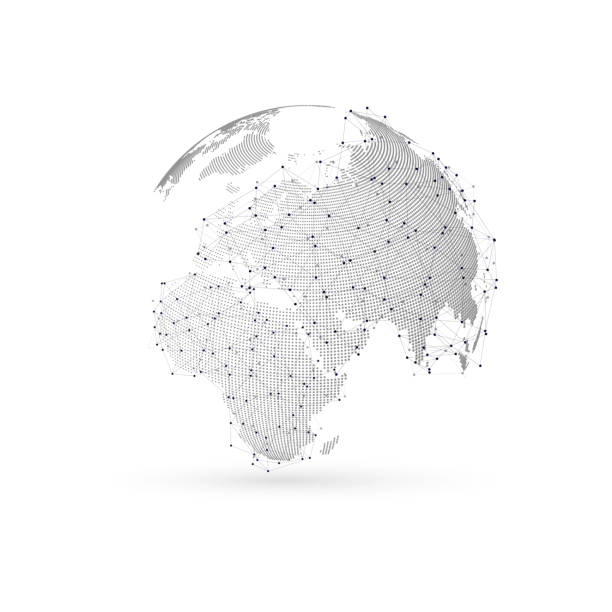 Three-dimensional dotted world globe with abstract construction and molecules Three-dimensional dotted world globe with abstract construction and molecules on white background, low poly design vector illustration. international drawings stock illustrations