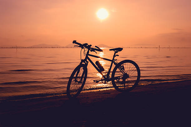 istock Silhouette of bicycle on beach against colorful sunset 524163898