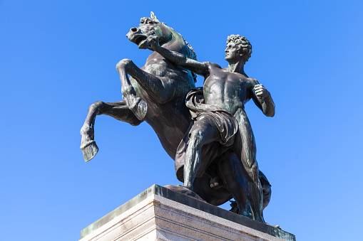 Bronze horse tamer located near Austrian Parliament Building in Vienna.  It was designed and executed by J. Lax in 1897 and 1900