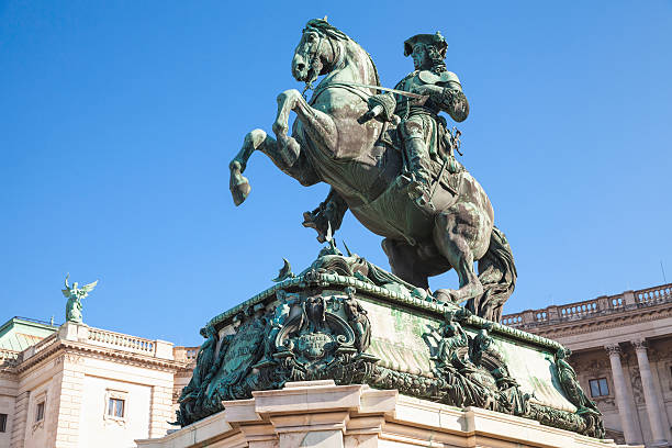 Equestrian monument of Prince Eugene Equestrian monument of Prince Eugene of Savoy. Monument in Heldenplatz, Vienna, designed by Anton Dominik Fernkorn in 1865 heldenplatz stock pictures, royalty-free photos & images