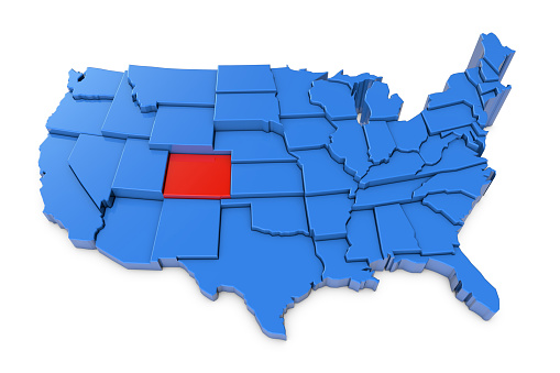 3D render of USA map with states. The map is blue and on a plain white background. 3D render of USA map with states. The map is blue and on a plain white background. 