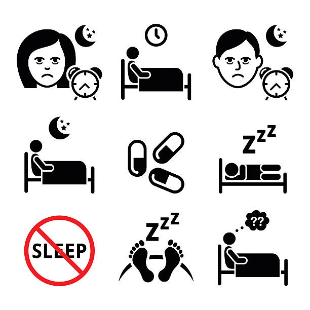 Insomnia, people having trouble with sleeping icons set Health icons set - sleep disorder, insomnia vector icons set isolated on white woman feet bed stock illustrations