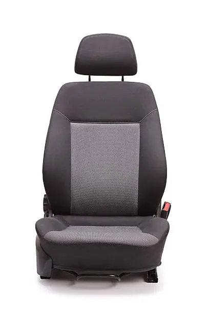 Vertical studio shot of a brand new black car seat isolated on white background