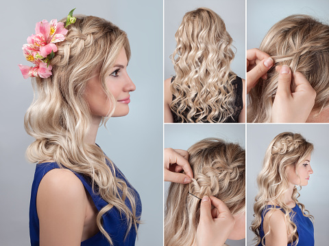 simple braid hairstyle with curly hair tutorial. Romantic evening hairstyle for long hair. Blond model hairstyle for bridesmaid with fresh alstroemeria
