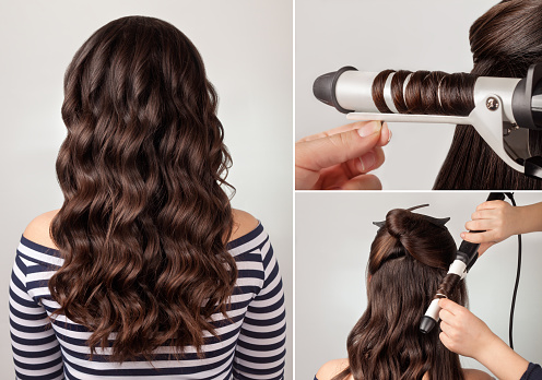 create curls process. long curly hairs. Hairstyle for long hair. Brunette girl with long curly healthy dark hair