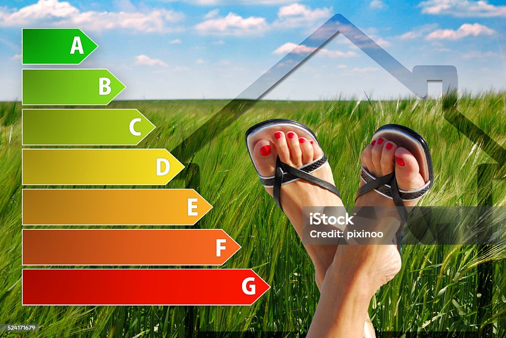icon of house energy efficiency rating icon of house energy efficiency rating with nice feet and green background Building - Activity Stock Photo