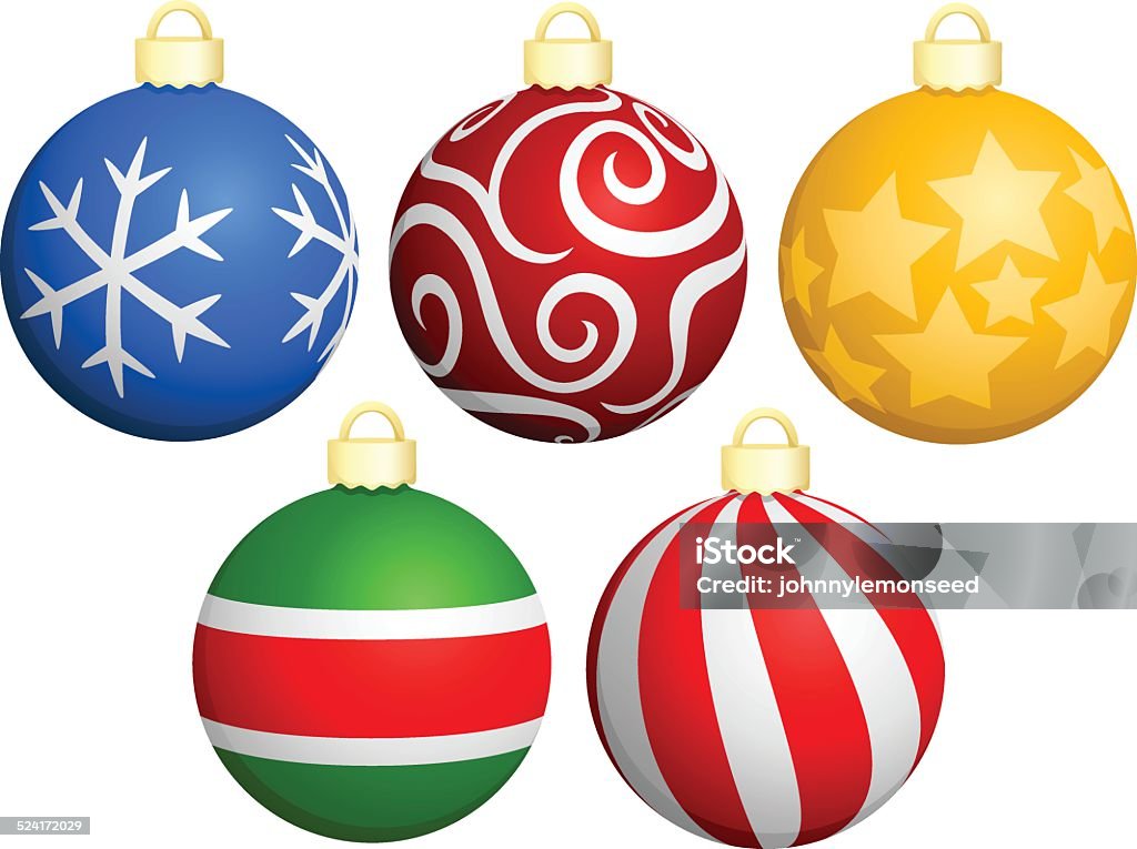 Patterned Christmas Ornaments Vector illustration of a selection of five globe-shaped Christmas ornaments. Each ornament is on its own layer, easily separated from the others in a program like Illustrator, etc. Illustration uses linear and radial gradients.  Both .ai and AI8-compatible .eps formats are included, along with a high-res .jpg, and a high-res .png with transparent background. Christmas Ornament stock vector