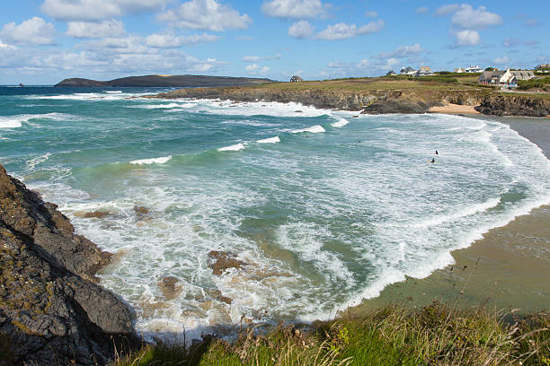 Surfing beach Treyarnon Bay Cornwall England UK Cornish north coast