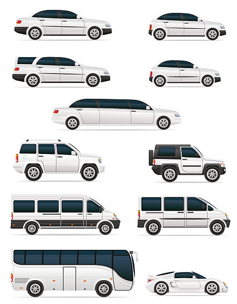 illustrations, cliparts, dessins animés et icônes de ensemble de véhicules pour le transport de passagers illustration vectorielle - van white transportation side view