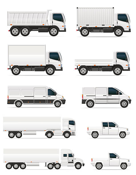 ilustraciones, imágenes clip art, dibujos animados e iconos de stock de conjunto de iconos de coche y camión de transporte de carga - small truck