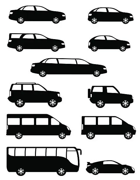 Vector illustration of set icons passenger cars with different bodies black silhouette