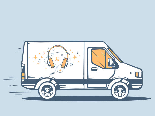 ilustrações de stock, clip art, desenhos animados e ícones de ilustração vetorial de van livre e rápida entregar auscultadores - delivery van audio