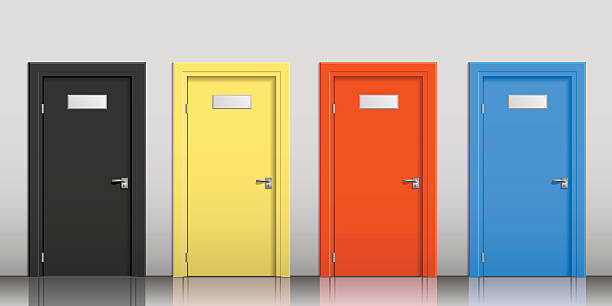 The doors of different colors The doors of different colors with signs on a gray wall blue house red door stock illustrations