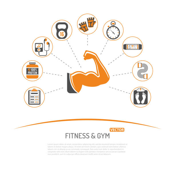 ilustraciones, imágenes clip art, dibujos animados e iconos de stock de concepto aptitud física y gimnasio - muscular build food healthy eating human muscle