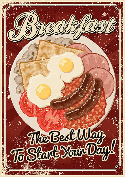 A vintage styled breakfast poster with a screen printed texture. The texture is on its own layer so it's easy to remove.