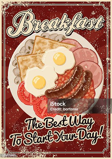 Vintage Screen Printed Breakfast Poster Stock Illustration - Download Image Now - Retro Style, Grunge Image Technique, Toasted Bread