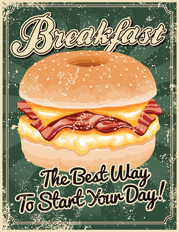 A vintage styled breakfast poster with a screen printed texture. The texture is on its own layer so it's easy to remove.