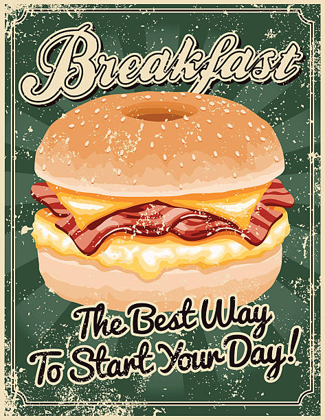 Vintage Screen Printed Breakfast Poster A vintage styled breakfast poster with a screen printed texture. The texture is on its own layer so it's easy to remove. breakfast sandwhich stock illustrations