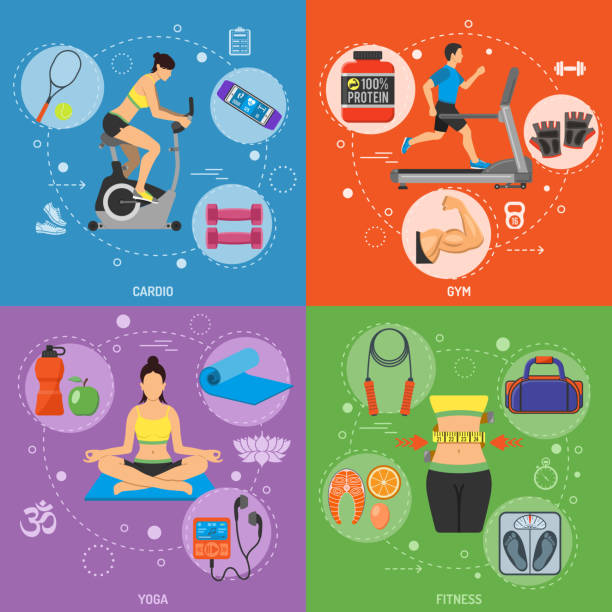 ilustraciones, imágenes clip art, dibujos animados e iconos de stock de banners aptitud física y gimnasio - muscular build food healthy eating human muscle