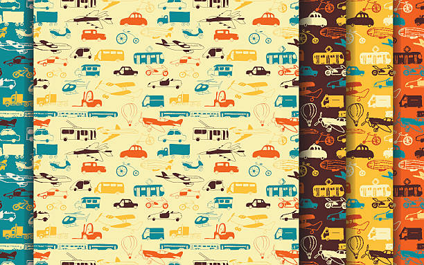 group transport pattern set Vector seamless pattern set with hand drawn transport. Cartoon colored collection design for brochures, posters, greeting cards, flyers, invitation. Children design. film trailer music stock illustrations