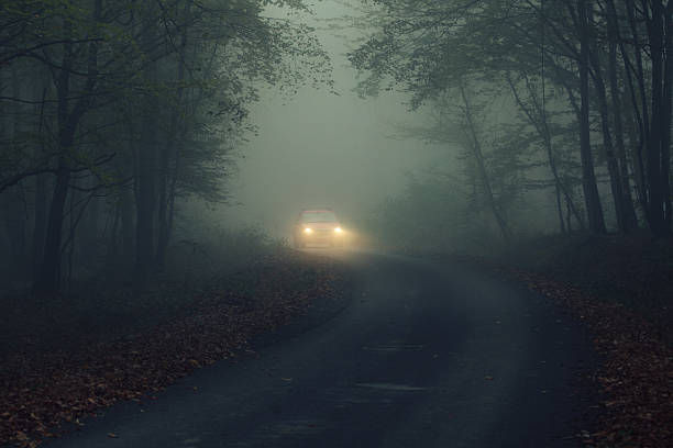 auto a fogy notte - fog road spooky mist foto e immagini stock