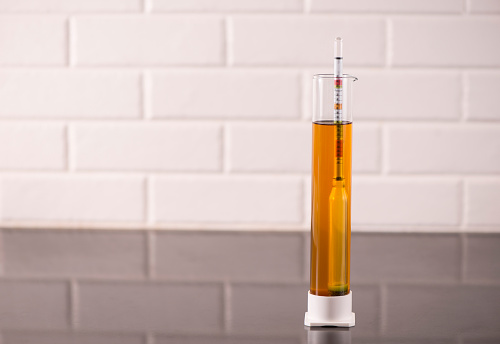 Making home brew process concept. Sugar content measuring in wort. Test tube / beer glass with liquid and hydrometer.