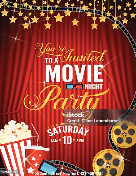 Movie Night Party Invitation Template With Red Curtain And Film Stock Illustration - Download Image Now