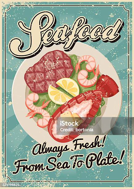 Vintage Screen Printed Seafood Poster Stock Illustration - Download Image Now - Clip Art, Color Image, Design
