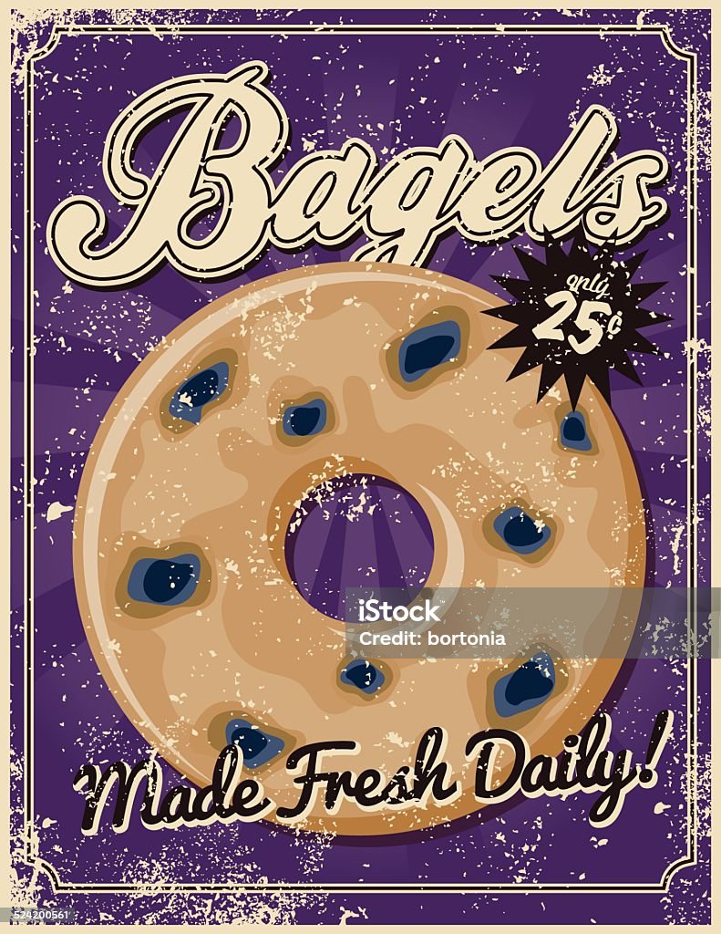 Vintage Screen Printed Bagel Poster A vintage styled bagel poster with a screen printed texture. The texture is on its own layer so it's easy to remove. Bagel stock vector