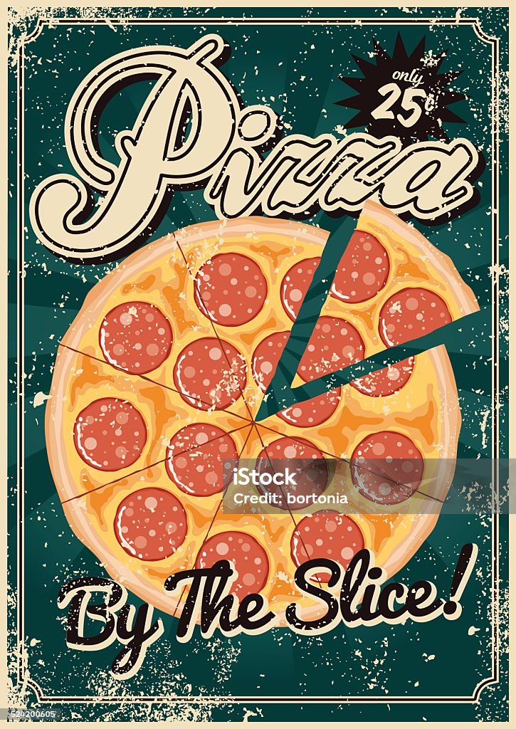 Vintage Screen Printed Pizza Poster A vintage styled pizza poster with a screen printed texture. The texture is on its own layer so it's easy to remove. Pizza stock vector