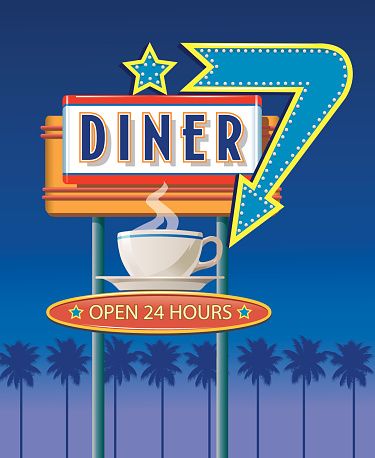 Retro Revival Art Deco style sign with light globe lit arrow and a coffee cup. Sign is on poles and lit at night with city and palms in the background. Sign also looks great with no background. Art is on layers and easily edited.