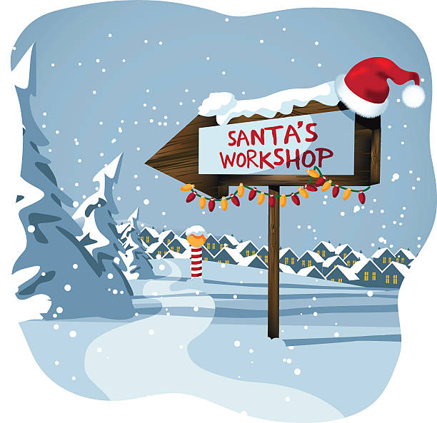 santa's workshop sign at the north pole - atölye stock illustrations