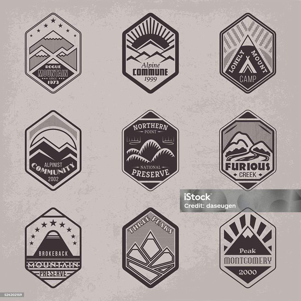 Mount badge set1 Set of alpinist and mountain climbing outdoor activity vector logos. Logotype templates and badges with mountains, peaks, creeks, trees, sun, tent. National parks and nature exploration symbols Star Shape stock vector