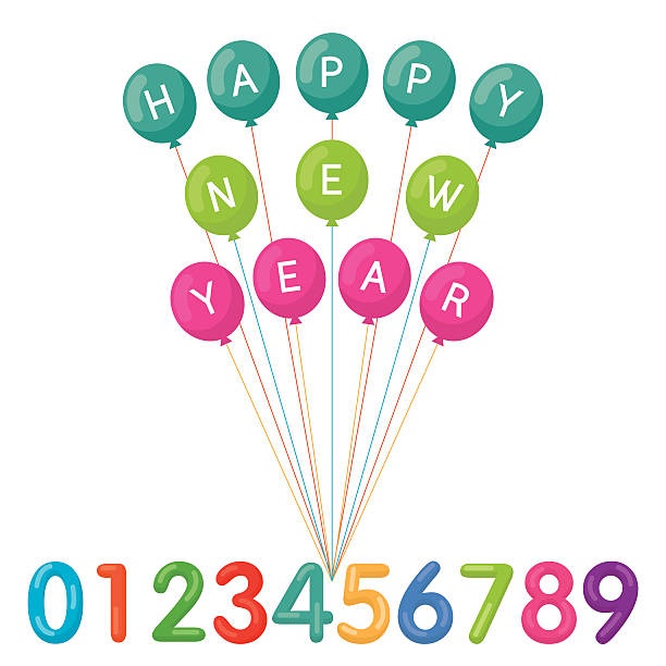 ilustrações de stock, clip art, desenhos animados e ícones de balões com feliz ano novo texto e números - 0 3 months
