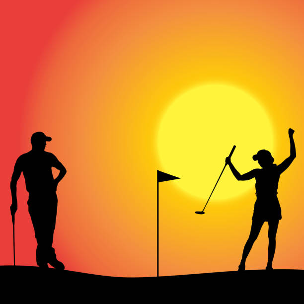 Vector silhouette of couple. Vector silhouette of couple playing golf at sunset. golf silhouettes stock illustrations