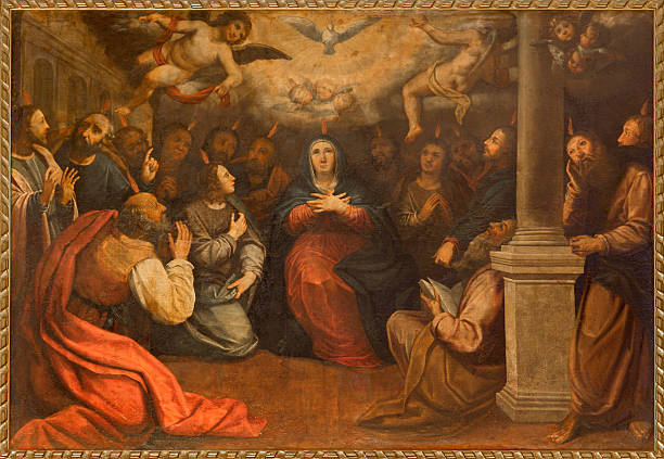 Seville - The paint of Pentecost scene Seville - The paint of Pentecost scene in church Iglesia de San Roque (Roch) by unknown painter of 18. cent. pentecost religious celebration photos stock illustrations