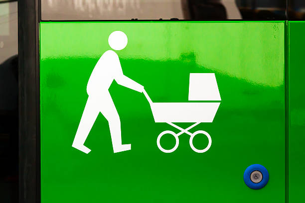 Closeup passenger bus entry sign for people with prams on the bus door, full frame horizontal composition
